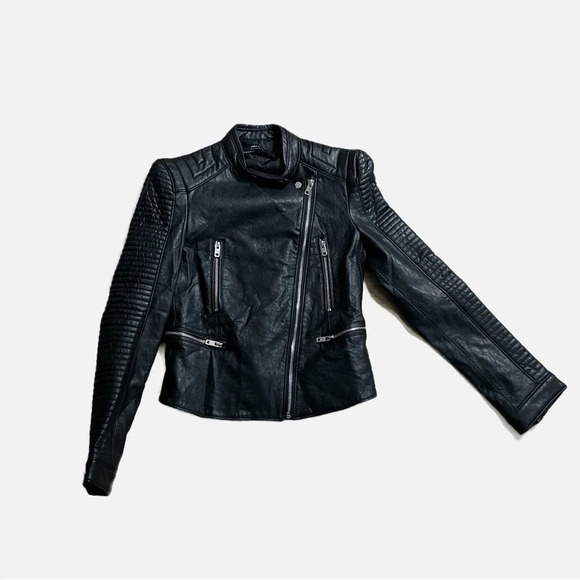 Zara Basic Outerwear Faux Leather Moto Jacket Black Silver Zipper Size XS - Picture 2 of 12